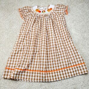 Lil Cactus Girls Brown Gingham Smocked Dress Size 6Y Thanksgiving Pumpkin Turkey